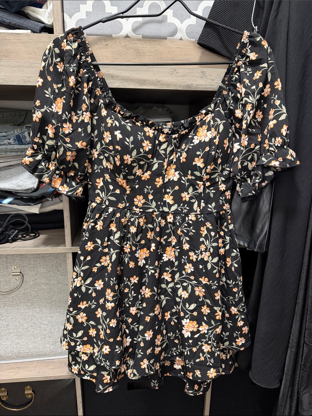 Inspired Hearts Floral Puff Sleeve Mini Dress Romper Black with Orange Floral S